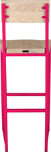 Load image into Gallery viewer, Hot pink metal stool with back with whitewash stain ash wood made in UK - back view square frame
