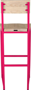 Hot pink metal stool with back with whitewash stain ash wood made in UK - back view square frame