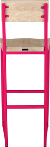 Hot pink metal stool with back with whitewash stain ash wood made in UK - back view square frame