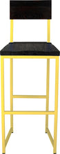 Load image into Gallery viewer, Yellow metal stool with back with black stain ash wood made in UK - front view square frame
