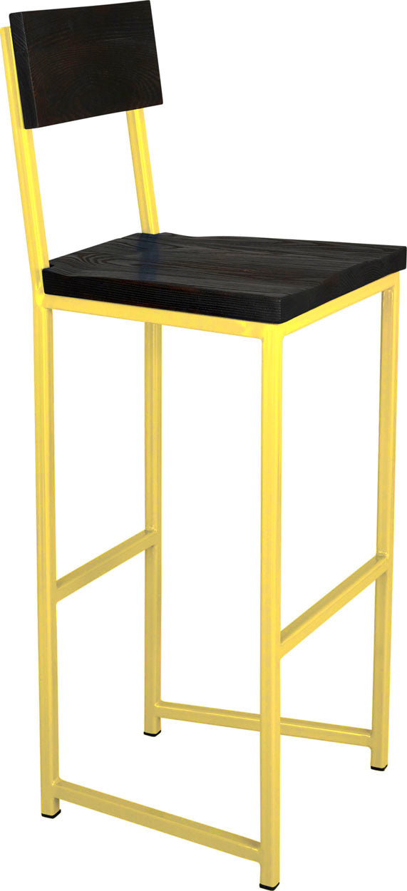 Yellow metal stool with back with black stain ash wood made in UK - angle view square frame
