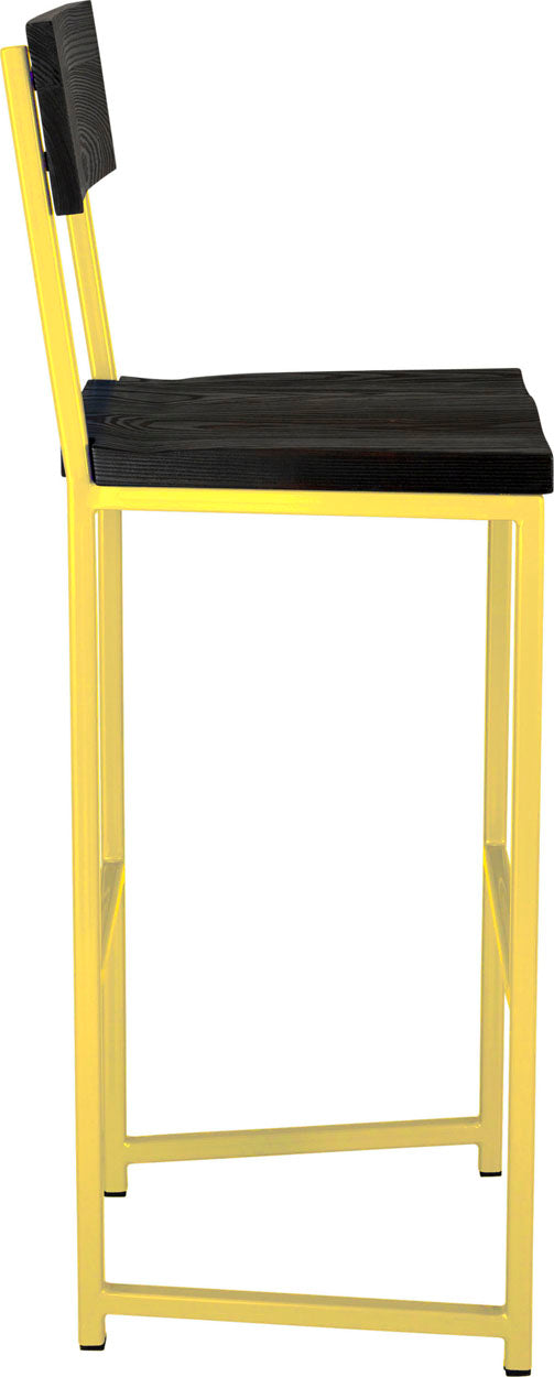 Yellow metal stool with back with black stain ash wood made in UK - side view square frame