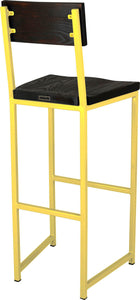 Yellow metal stool with back with black stain ash wood made in UK - back side view square frame