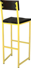 Load image into Gallery viewer, Yellow metal stool with back with black stain ash wood made in UK - back side view square frame
