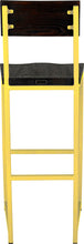 Load image into Gallery viewer, Yellow metal stool with back with black stain ash wood made in UK - back view square frame
