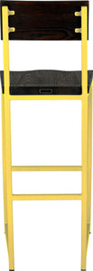 Yellow metal stool with back with black stain ash wood made in UK - back view square frame