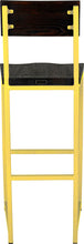 Load image into Gallery viewer, Yellow metal stool with back with black stain ash wood made in UK - back view square frame
