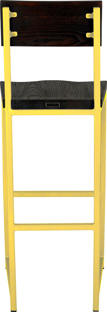 Yellow metal stool with back with black stain ash wood made in UK - back view square frame