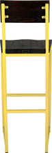 Load image into Gallery viewer, Yellow metal stool with back with black stain ash wood made in UK - back view square frame
