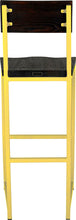Load image into Gallery viewer, Yellow metal stool with back with black stain ash wood made in UK - back view square frame
