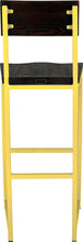 Load image into Gallery viewer, Yellow metal stool with back with black stain ash wood made in UK - back view square frame
