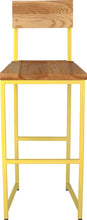 Load image into Gallery viewer, Yellow metal stool with back with natural stain ash wood made in UK - front view square frame
