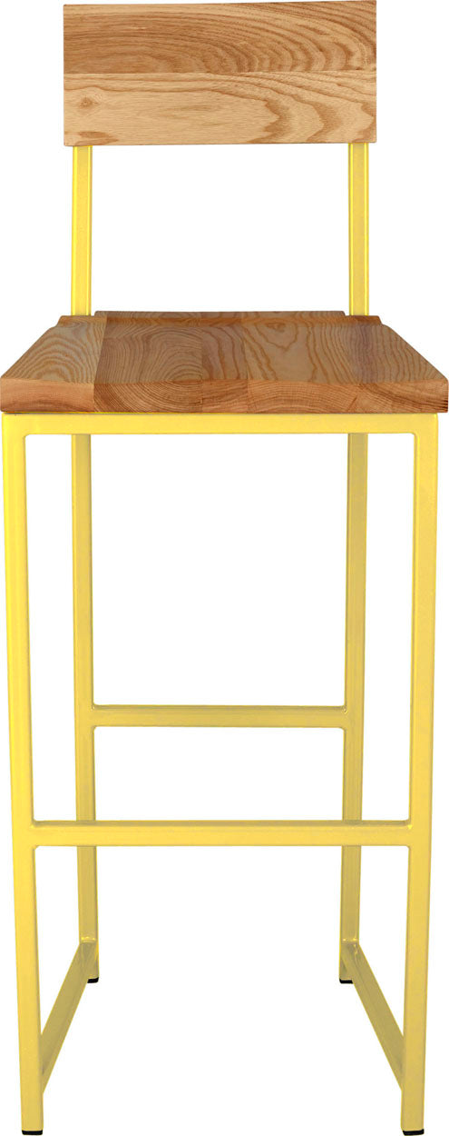 Yellow metal stool with back with natural stain ash wood made in UK - front view square frame