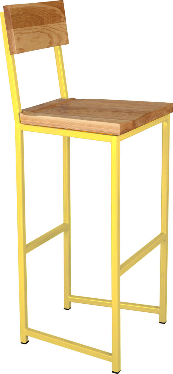 Yellow metal stool with back with natural stain ash wood made in UK - angle view square frame
