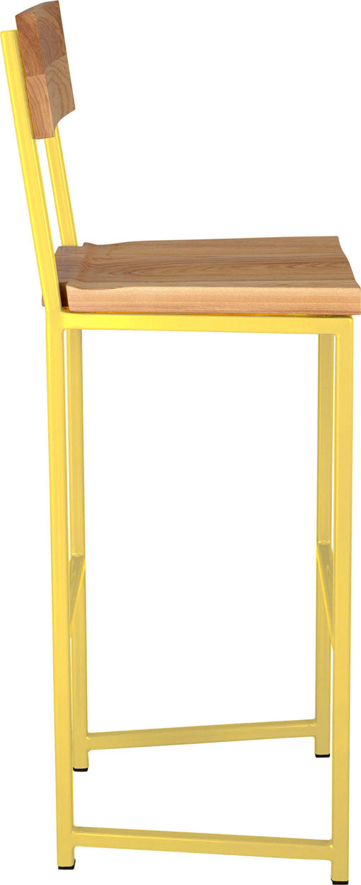 Yellow metal stool with back with natural stain ash wood made in UK - side view square frame