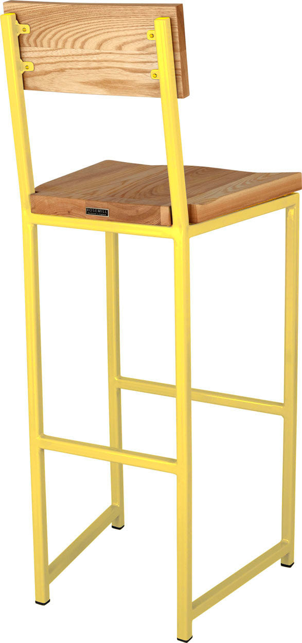 Yellow metal stool with back with natural stain ash wood made in UK - back side view square frame