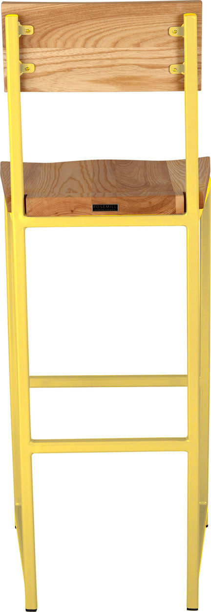 Yellow metal stool with back with natural stain ash wood made in UK - back view square frame