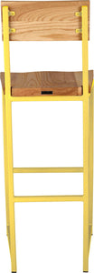Yellow metal stool with back with natural stain ash wood made in UK - back view square frame