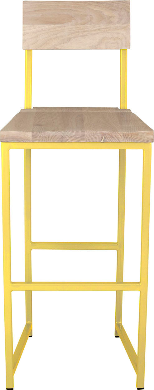 Yellow metal stool with back with whitewash stain ash wood made in UK - front view square frame