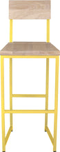 Load image into Gallery viewer, Yellow metal stool with back with whitewash stain ash wood made in UK - front view square frame
