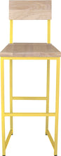 Load image into Gallery viewer, Yellow metal stool with back with whitewash stain ash wood made in UK - front view square frame
