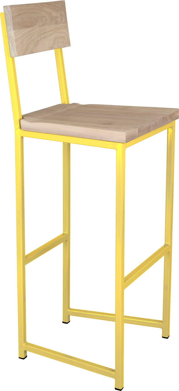 Yellow metal stool with back with whitewash stain ash wood made in UK - angle view square frame