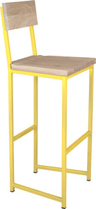 Yellow metal stool with back with whitewash stain ash wood made in UK - angle view square frame