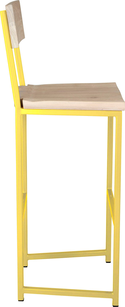 Yellow metal stool with back with whitewash stain ash wood made in UK - side view square frame