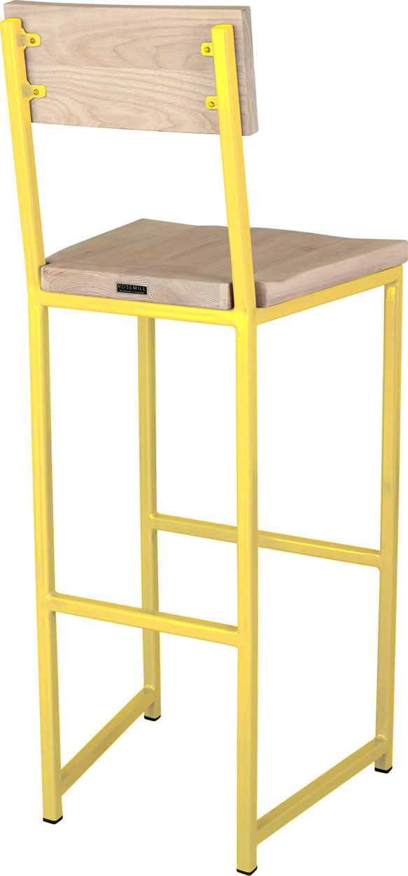 Yellow metal stool with back with whitewash stain ash wood made in UK - back side view square frame