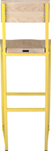 Load image into Gallery viewer, Yellow metal stool with back with whitewash stain ash wood made in UK - back view square frame

