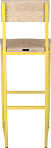 Yellow metal stool with back with whitewash stain ash wood made in UK - back view square frame
