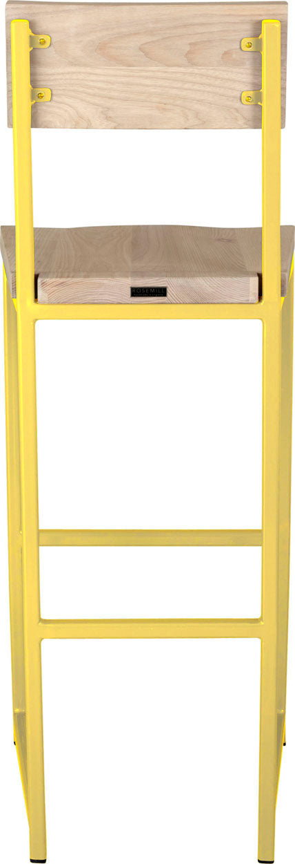 Yellow metal stool with back with whitewash stain ash wood made in UK - back view square frame
