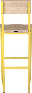 Yellow metal stool with back with whitewash stain ash wood made in UK - back view square frame