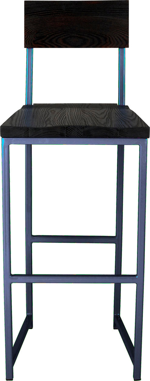Blue metal stool with back with black stain ash wood made in UK - front view square frame
