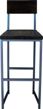 Load image into Gallery viewer, Blue metal stool with back with black stain ash wood made in UK - front view square frame
