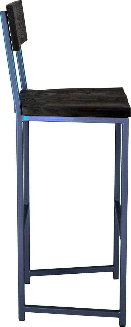 Blue metal stool with back with black stain ash wood made in UK - side view square frame