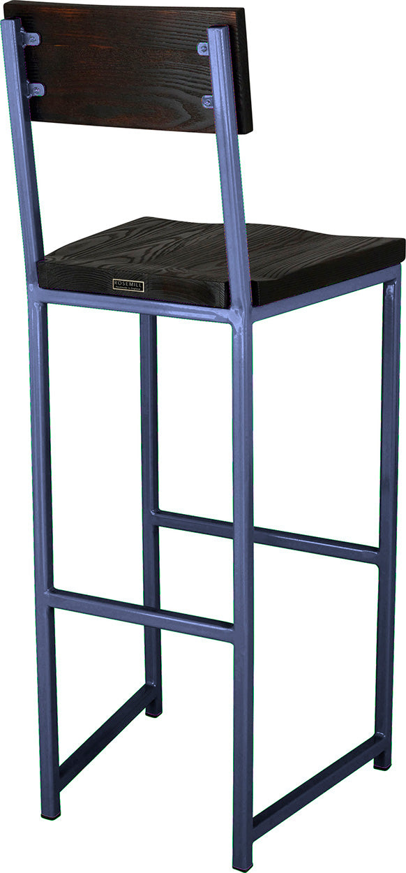 Blue metal stool with back with black stain ash wood made in UK - back side view square frame