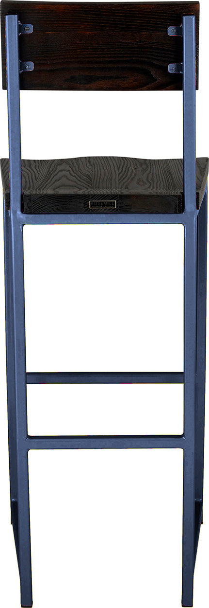 Blue metal stool with back with black stain ash wood made in UK - back view square frame