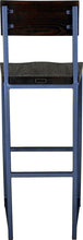Load image into Gallery viewer, Blue metal stool with back with black stain ash wood made in UK - back view square frame
