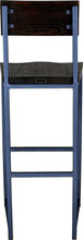 Load image into Gallery viewer, Blue metal stool with back with black stain ash wood made in UK - back view square frame
