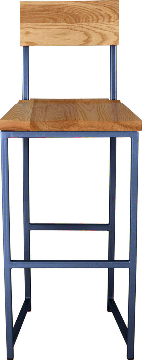 Blue metal stool with back with natural stain ash wood made in UK - front view square frame