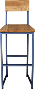 Blue metal stool with back with natural stain ash wood made in UK - front view square frame