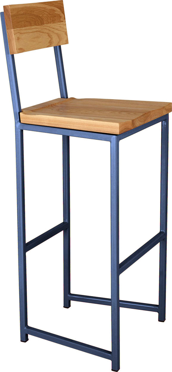 Blue metal stool with back with natural stain ash wood made in UK - angle view square frame