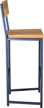 Load image into Gallery viewer, Blue metal stool with back with natural stain ash wood made in UK - side view square frame
