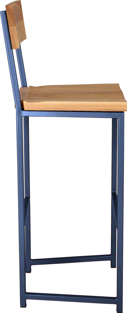 Blue metal stool with back with natural stain ash wood made in UK - side view square frame