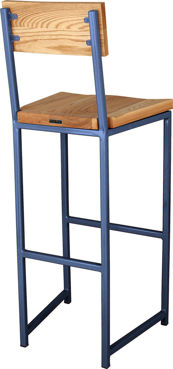 Blue metal stool with back with natural stain ash wood made in UK - back side view square frame
