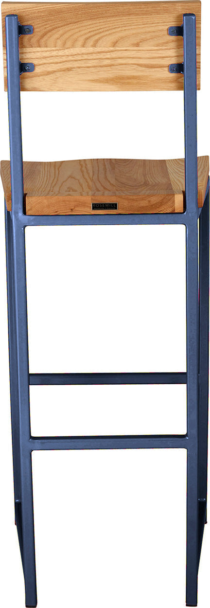 Blue metal stool with back with natural stain ash wood made in UK - back view square frame
