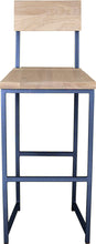 Load image into Gallery viewer, Blue metal stool with back with whitewash stain ash wood made in UK - front view square frame
