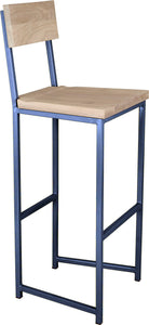 Blue metal stool with back with whitewash stain ash wood made in UK - angle view square frame