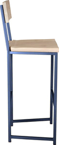 Blue metal stool with back with whitewash stain ash wood made in UK - side view square frame